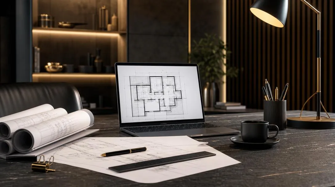 طاولة عمل هندسية بمخططات ومراجعة فنية